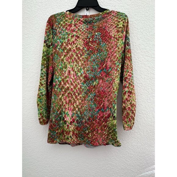 Anne Klein Womens Faux Wrap Blouse L Multicolor 3/4 Sleeve Abstract Peacock Work - Picture 10 of 15